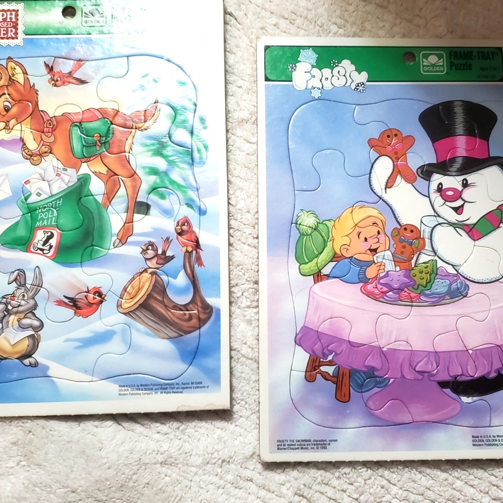 SALE Frosty and Rudolph Vintage Golden Frame Tray Puzzles